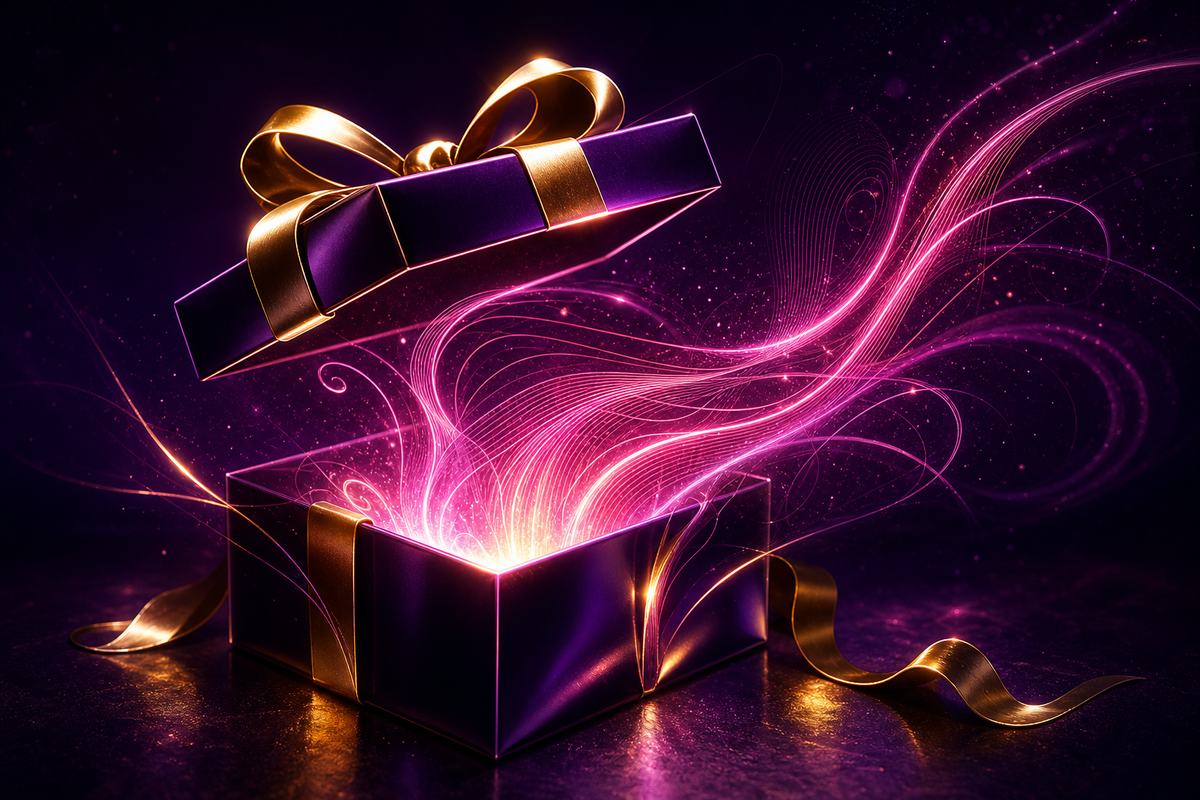 Cutie de bonus fără depunere cu rotiri gratuite, pe fundal violet-auriu